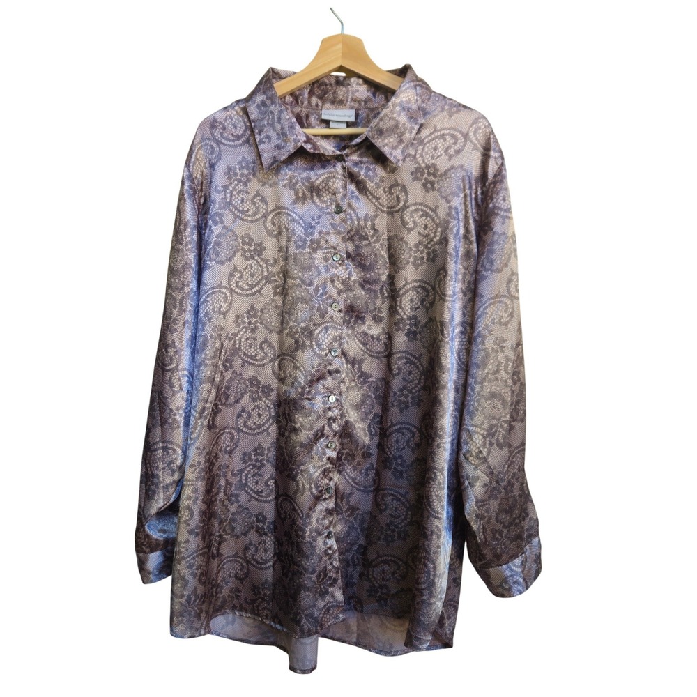 Soft Surroundings 3XL Mauve Paisley Satin Shirt Career Office Feminine Luxe EUC